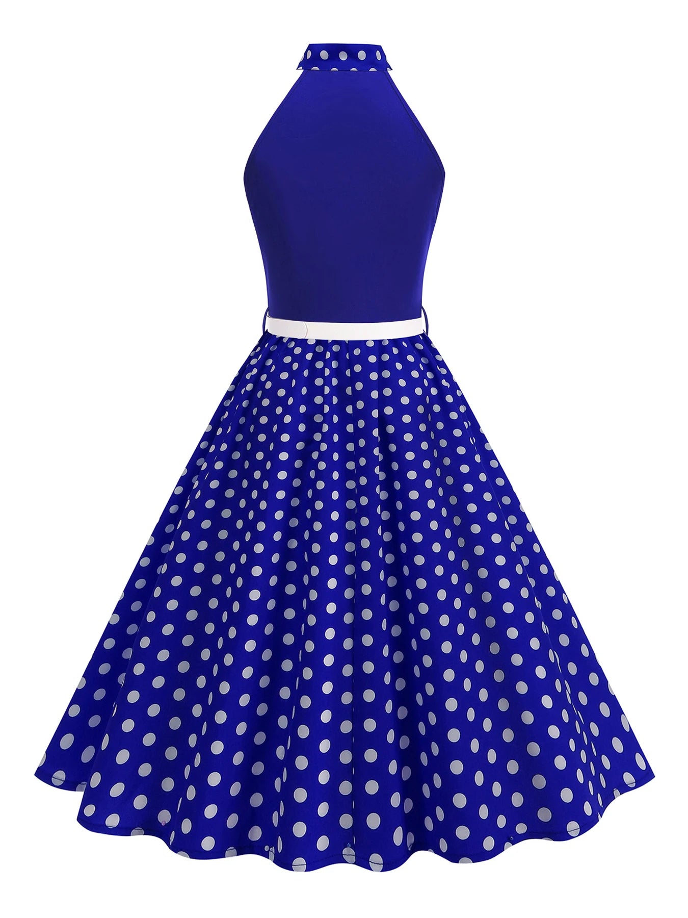Halter Neck Polka Dot Midi Dress with Bow and Belt
