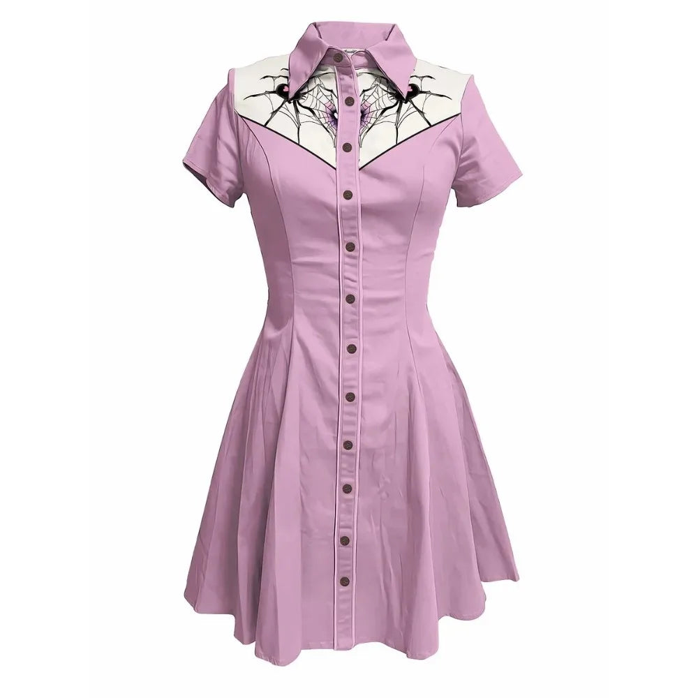 Short Sleeve Button-Front Shirt Dress with Spiderweb Yoke Graphic