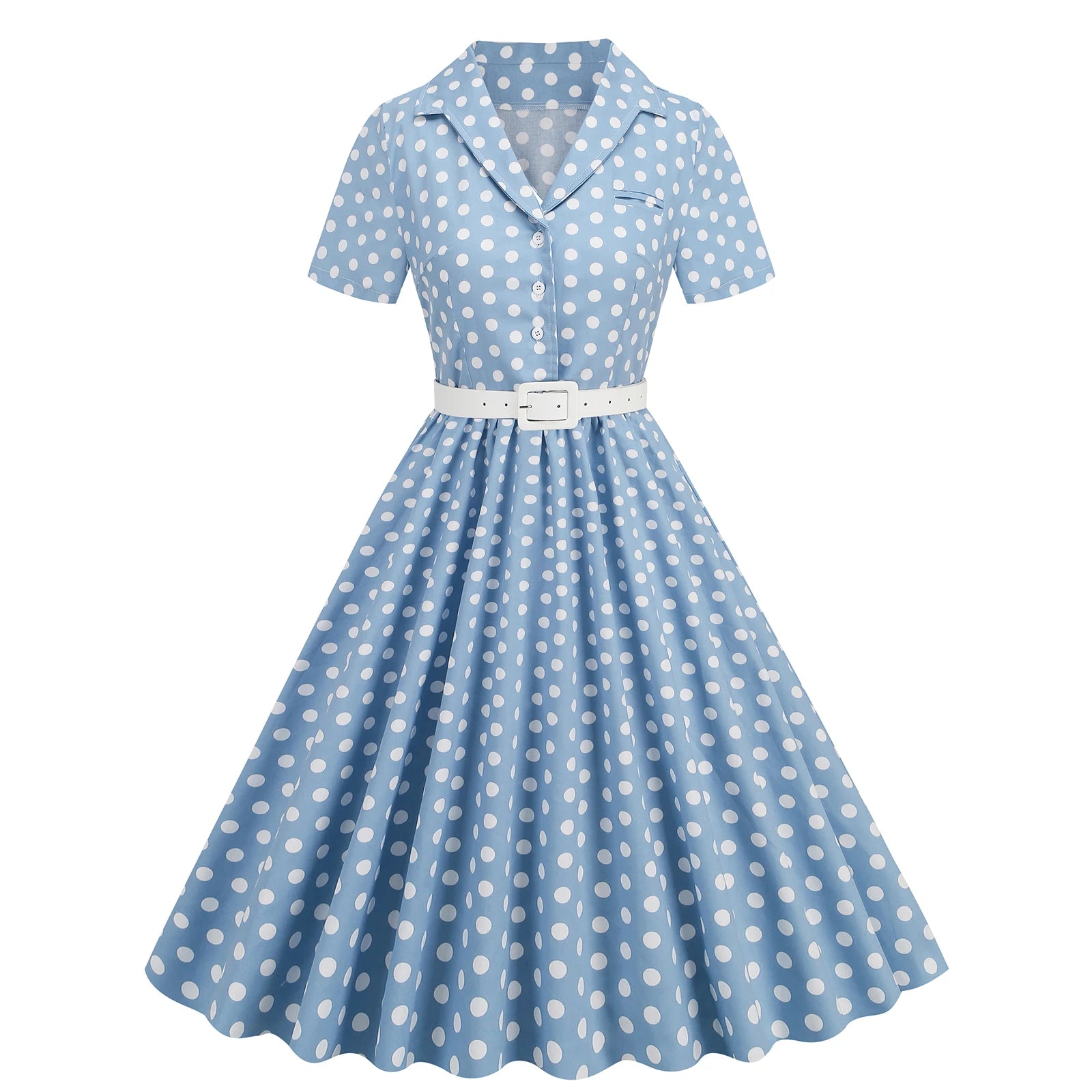 Women Vintage Polka Dots Dress Retro Elegant V-Neck Office Cocktail Tea Party 1950s 40s Swing Dress Summer Dress Short Sleeves