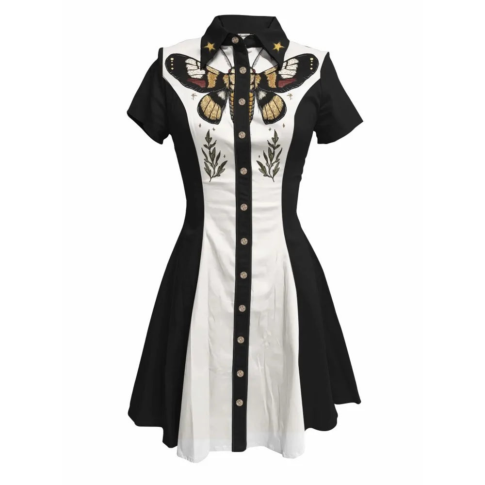 Short Sleeve Button-Front Shirt Dress with Moth Design