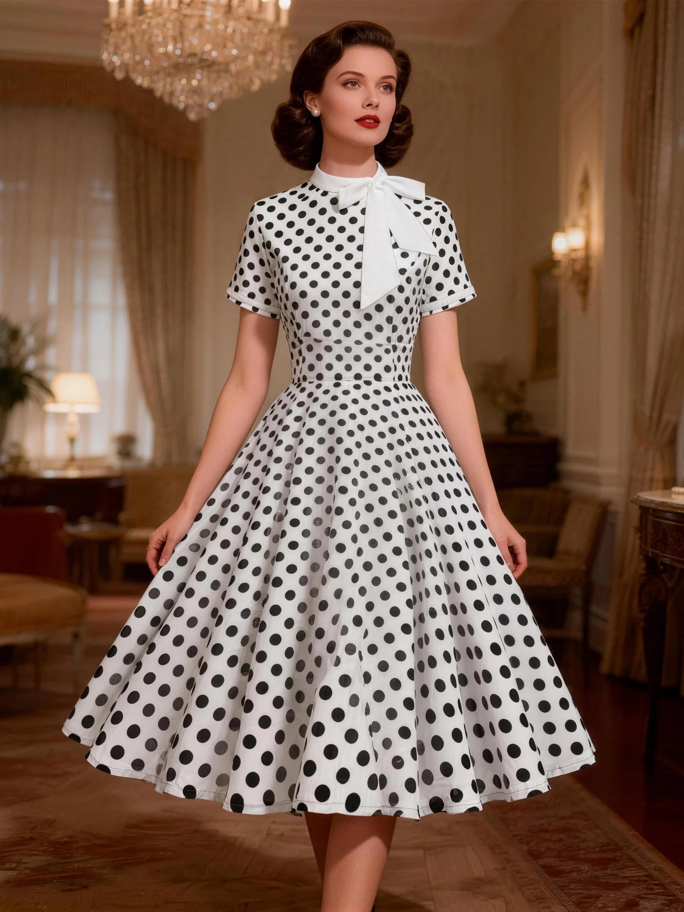 Polka Dot Tie-Neck Fit & Flare Dress