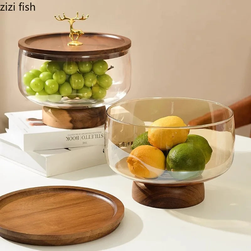 Mid-Century Modern Glass & Acacia Wood Pedestal Fruit Bowl