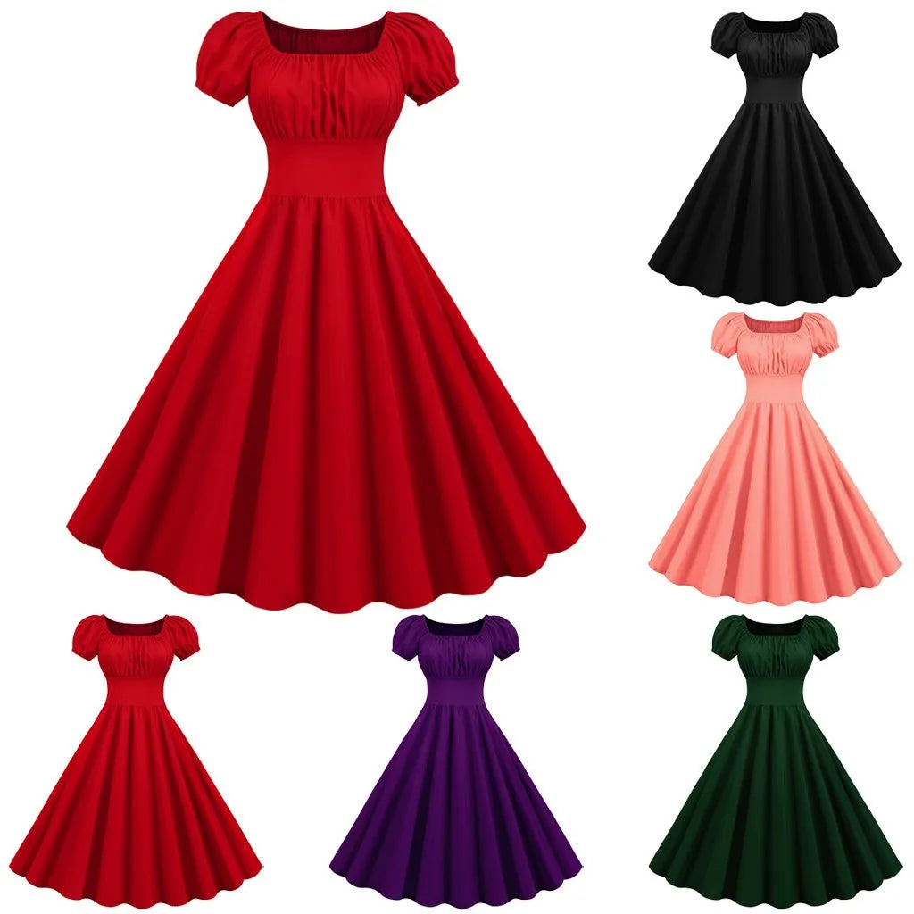 Puff Sleeve Square Neck Fit and Flare Midi Dress
