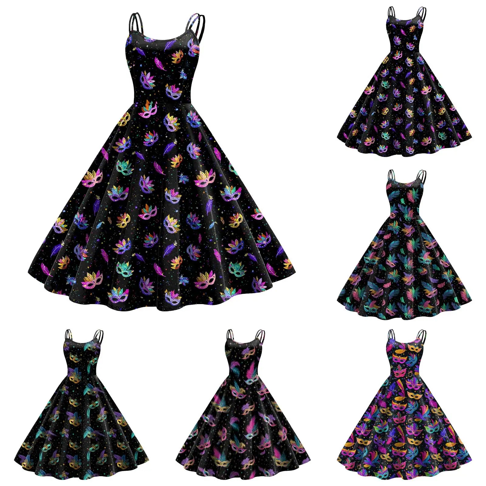 Carnival Mask Print Strappy Midi Dress