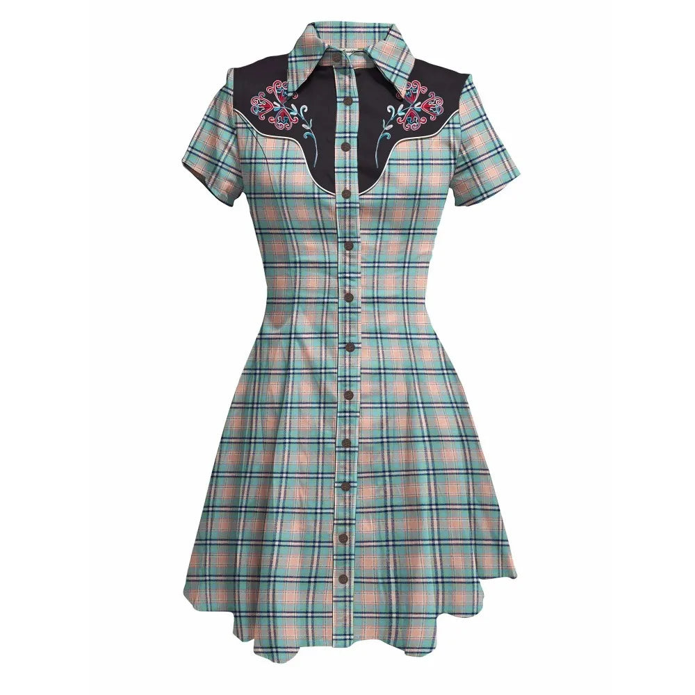 Short Sleeve Button-Front Shirt Dress with Plaid Print and Embroidered Yoke