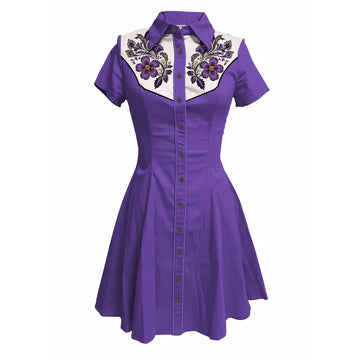 Short Sleeve Western-Style Button-Front Shirt Dress with Floral Embroidered Yoke
