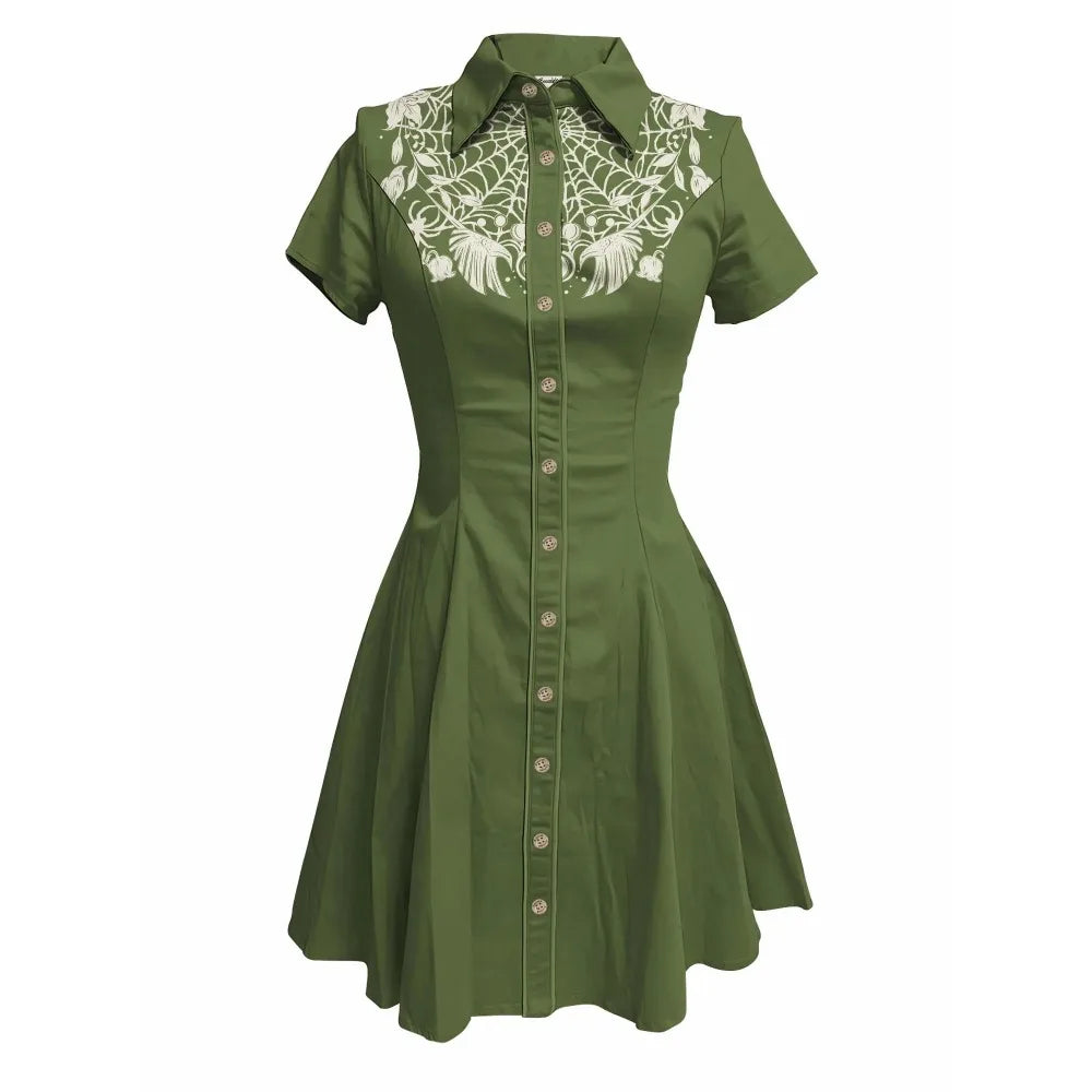 Short Sleeve Button-Front Shirt Dress with Spiderweb Yoke Graphic