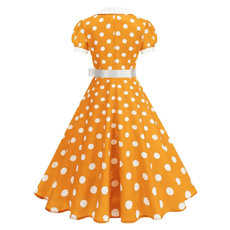 Vintage Polka Dot Pleated Summer Dress Women 1950s 60s Notched Collar Short Sleeve Belted Elegant Retro Clothing