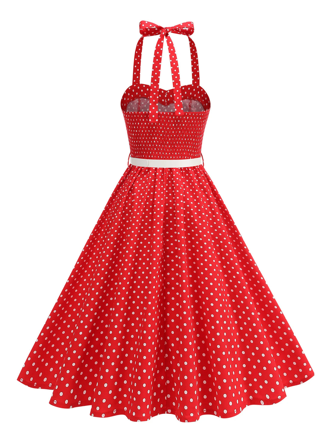 Polka Dot Trim Halter Belted Dress