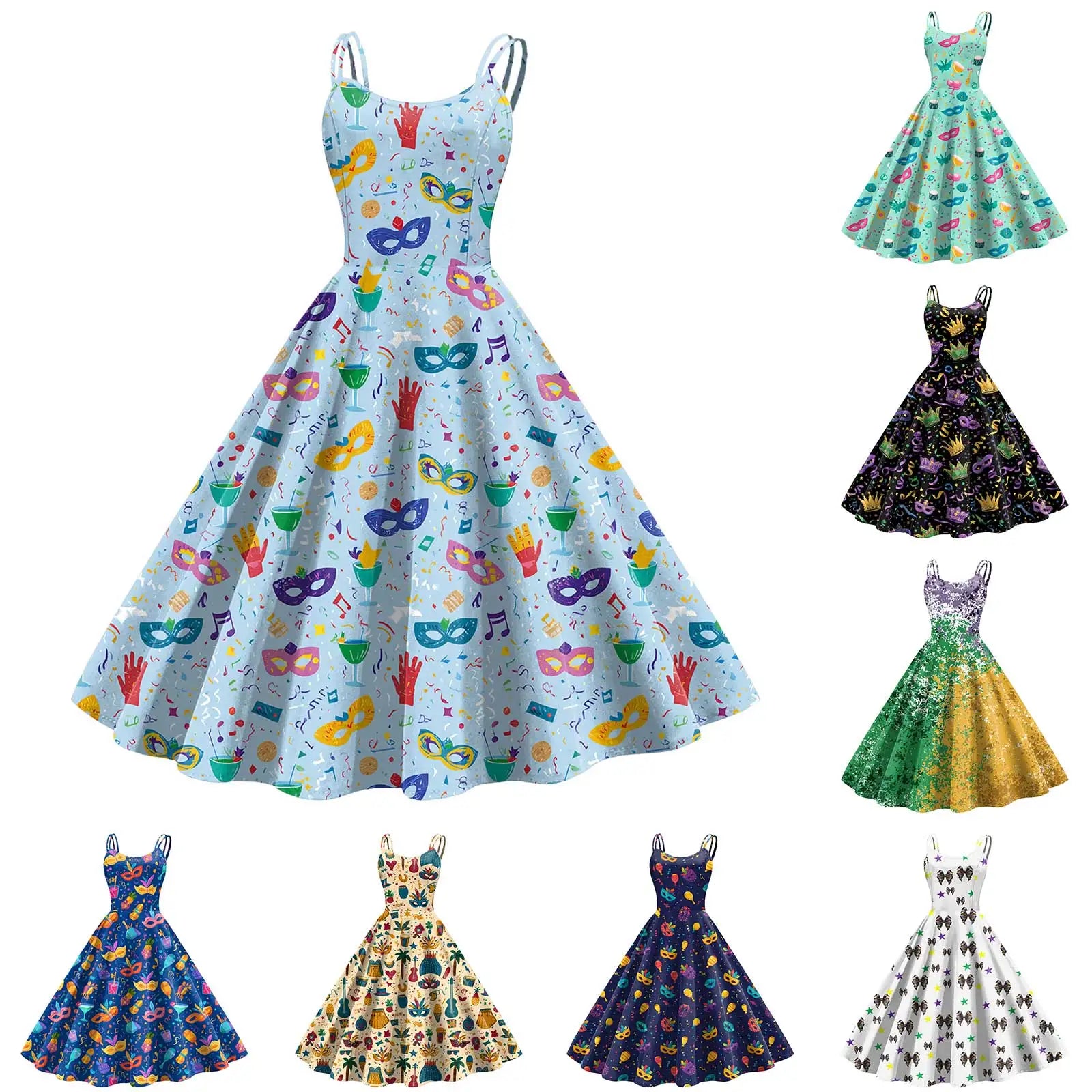 Sleeveless Mardi Gras Print Fit and Flare Dress