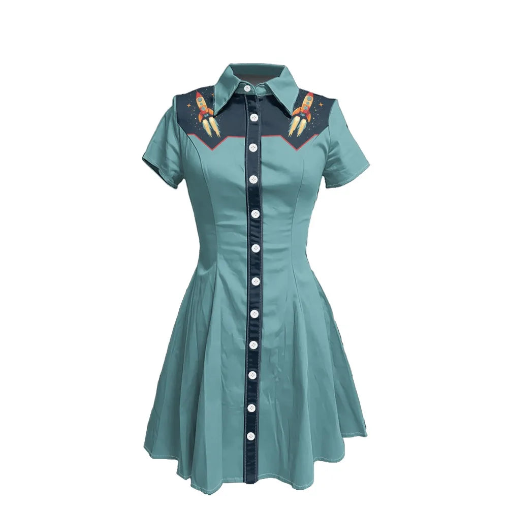Short Sleeve Western-Style Button-Front Shirt Dress with Rocket Yoke Print