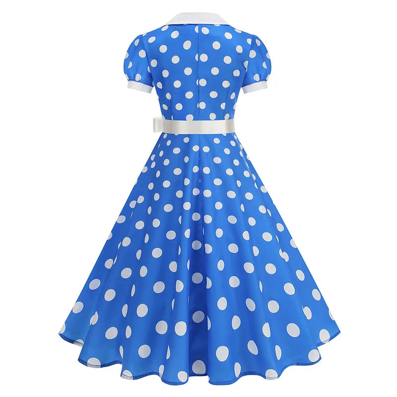 Vintage Polka Dot Pleated Summer Dress Women 1950s 60s Notched Collar Short Sleeve Belted Elegant Retro Clothing
