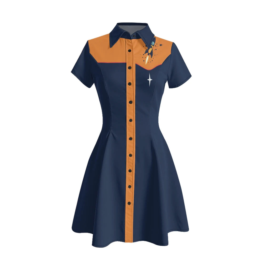 Short Sleeve Western-Style Button-Front Shirt Dress with Planet Yoke Print