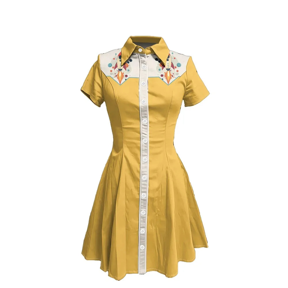 Short Sleeve Western-Style Button-Front Shirt Dress with Rocket Yoke Print