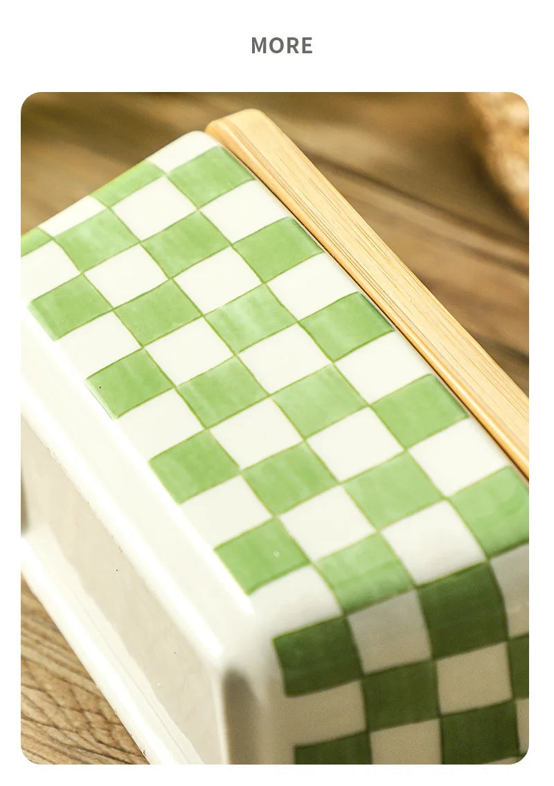 Americana Pastoral Ceramic Butter Dish with Bamboo Lid & Knife