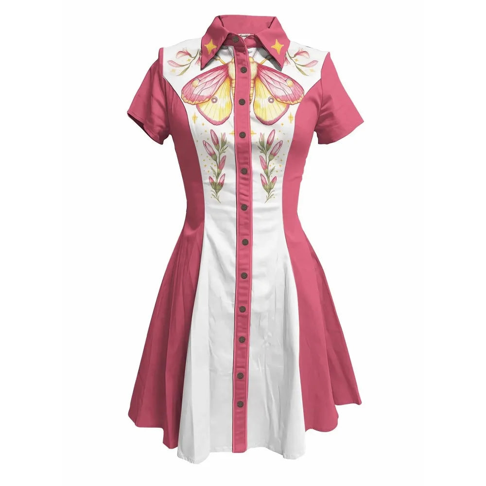 Short Sleeve Button-Front Shirt Dress with Moth Design