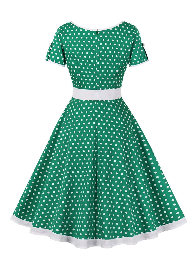Polka Dot Short Sleeve Midi Dress with Waist Band