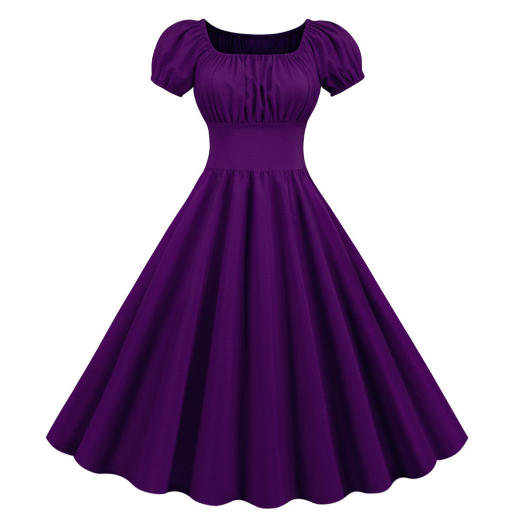 Puff Sleeve Square Neck Fit and Flare Midi Dress