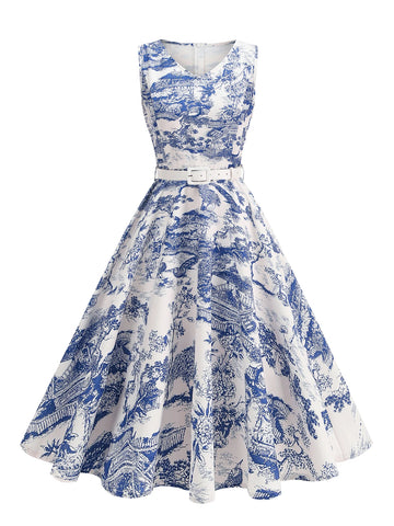 Scenic Print Belted Fit & Flare Dress