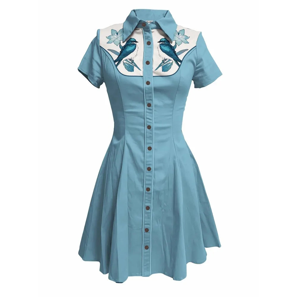 Short Sleeve Button-Front Shirt Dress with Bird Yoke Graphic