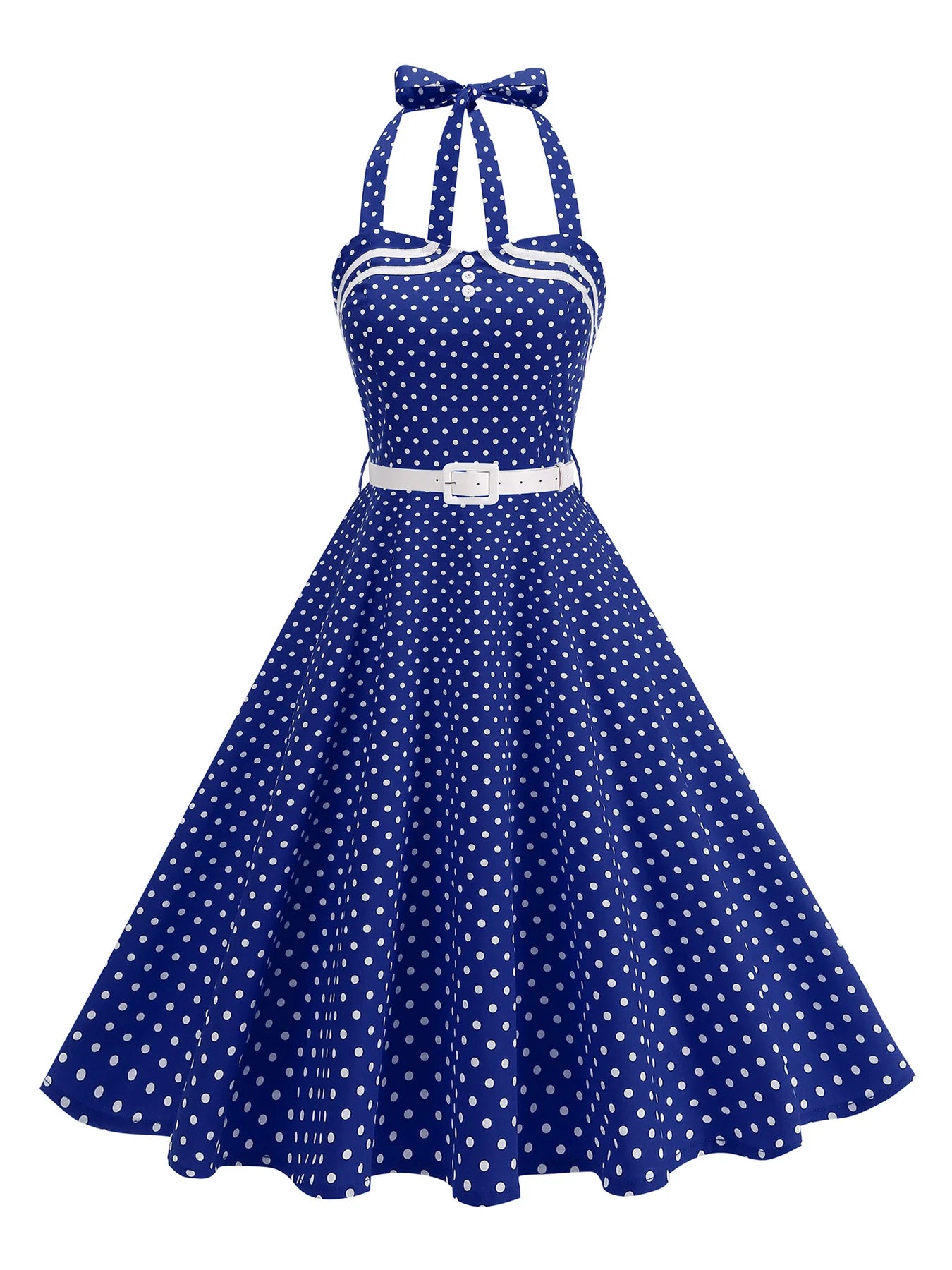Polka Dot Trim Halter Belted Dress