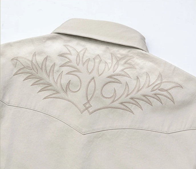 1940s Style Long Sleeve Western-Style Button-Up Shirt with Embroidered Yoke Details