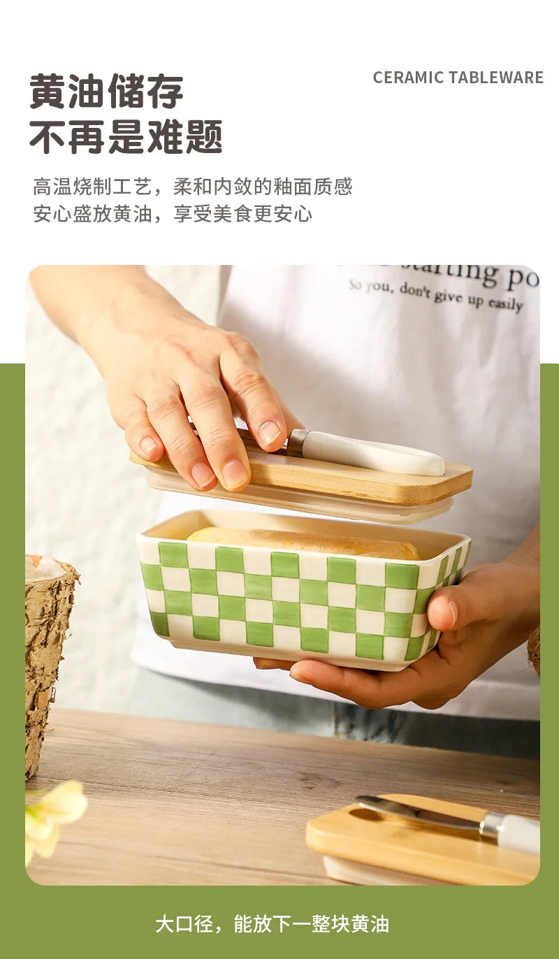Americana Pastoral Ceramic Butter Dish with Bamboo Lid & Knife