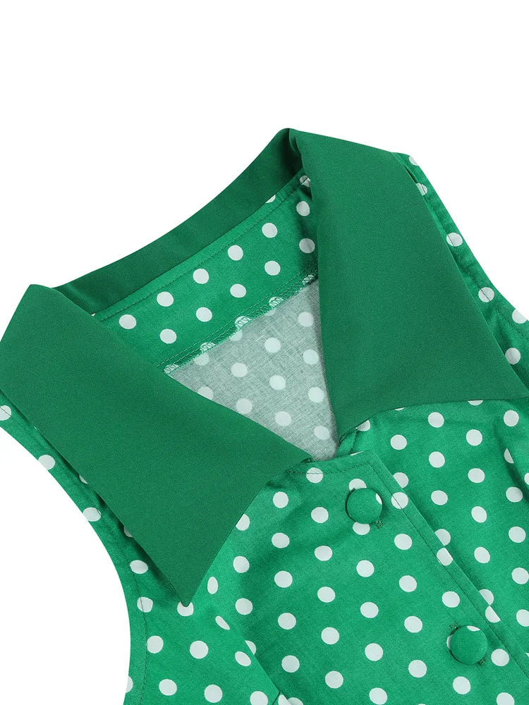 Sleeveless Polka Dot Bodice Midi Dress with Collar