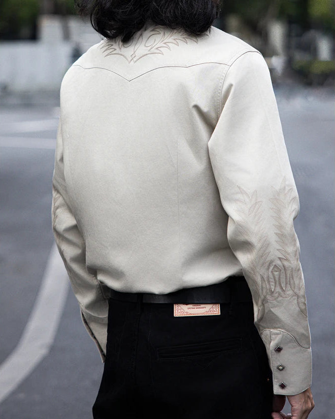 1940s Style Long Sleeve Western-Style Button-Up Shirt with Embroidered Yoke Details