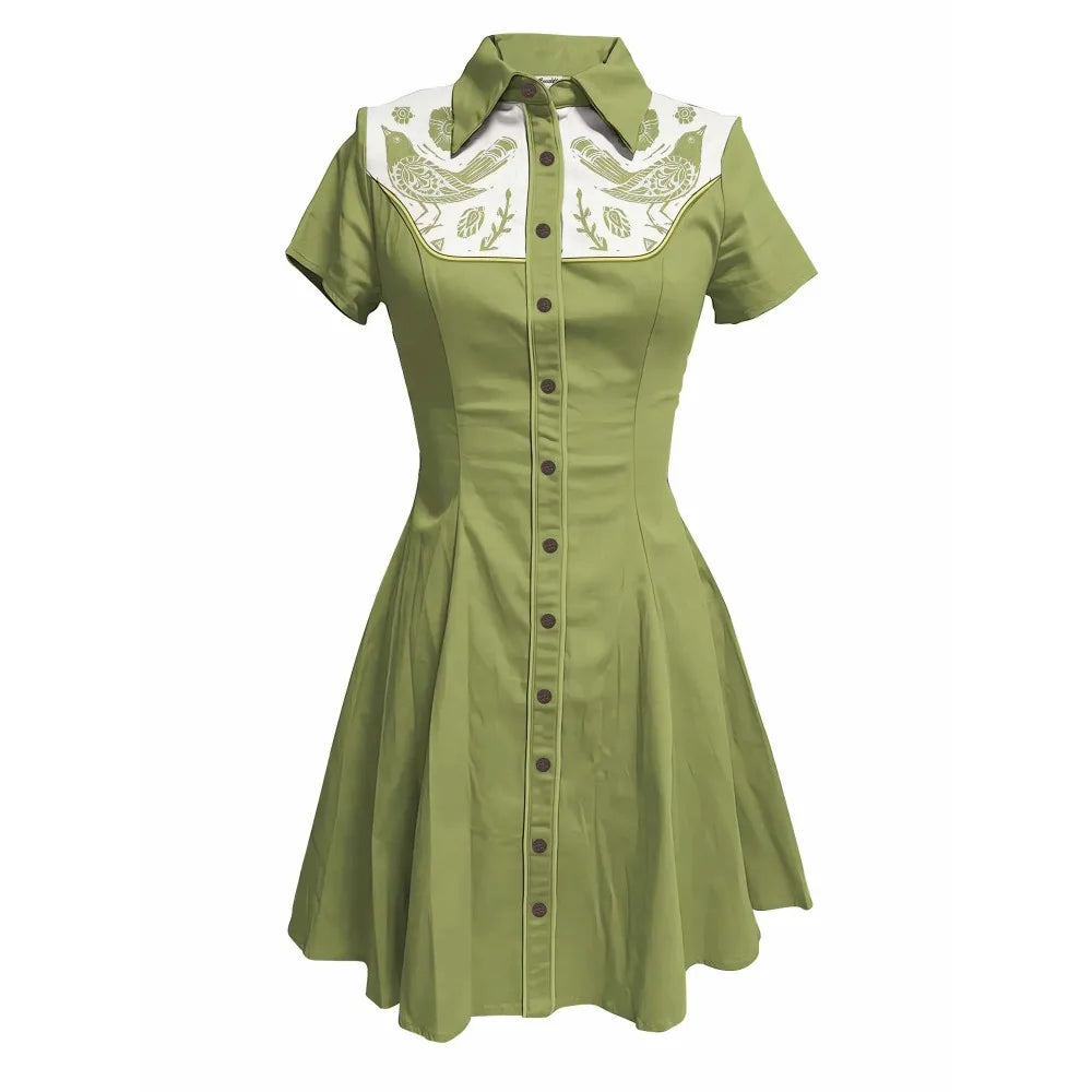 Short Sleeve Button-Front Shirt Dress with Bird Yoke Graphic