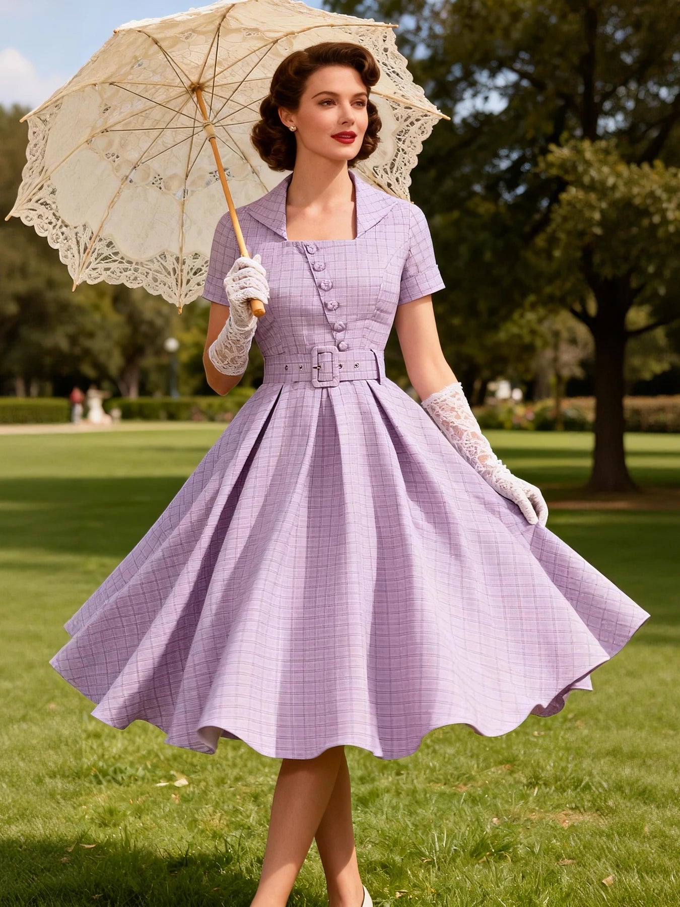 Plaid Square Neck Belted Midi Dress