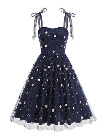 Embroidered Floral Tie Strap Midi Dress with Sheer Overlay