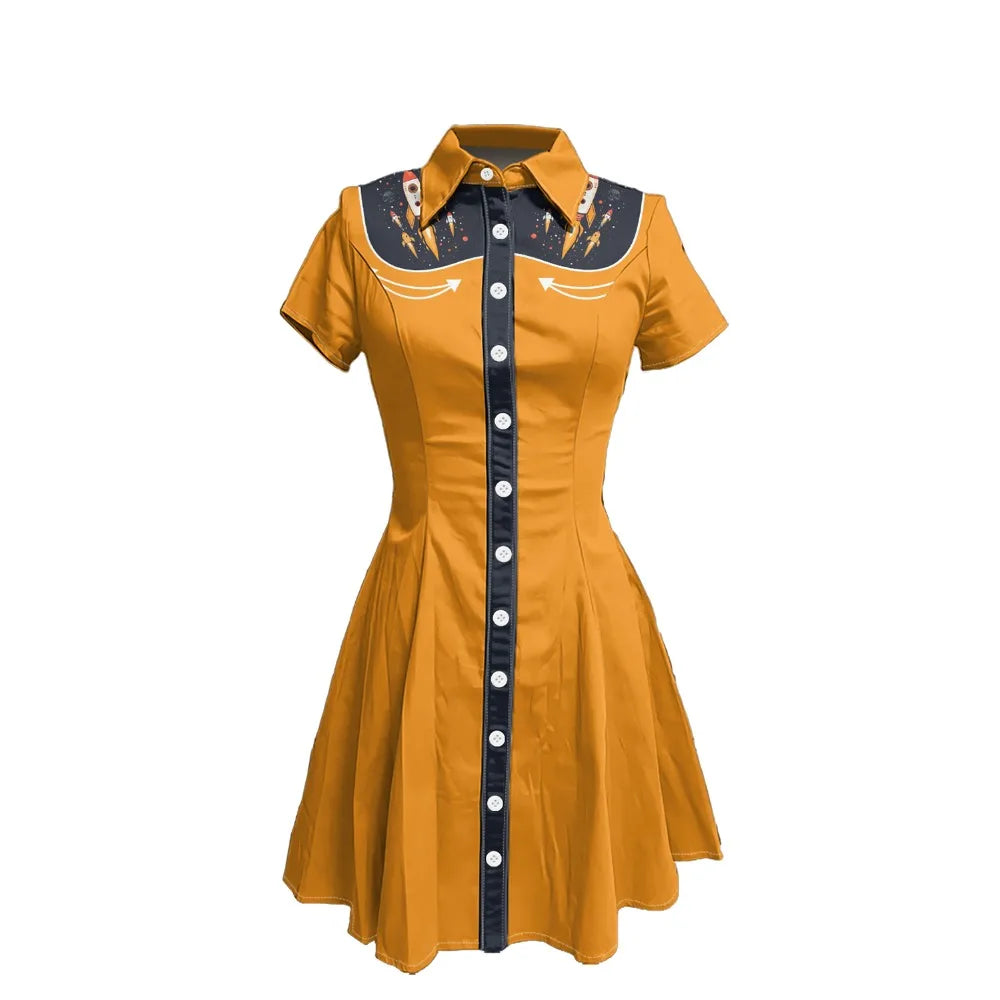 Short Sleeve Western-Style Button-Front Shirt Dress with Rocket Yoke Print