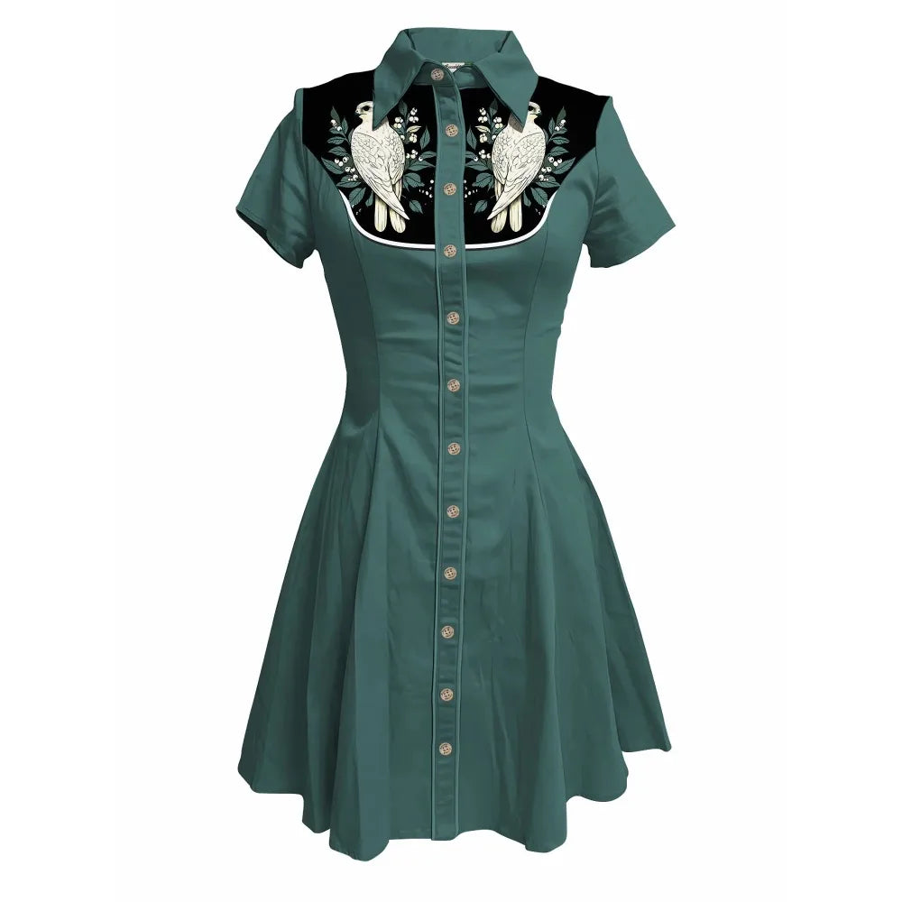 Short Sleeve Button-Front Shirt Dress with Bird Yoke Graphic