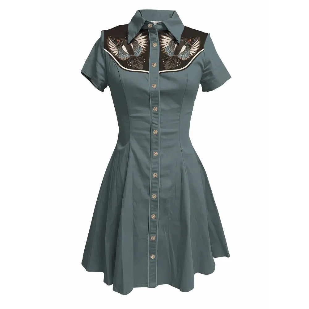 Short Sleeve Button-Front Shirt Dress with Bird Yoke Graphic