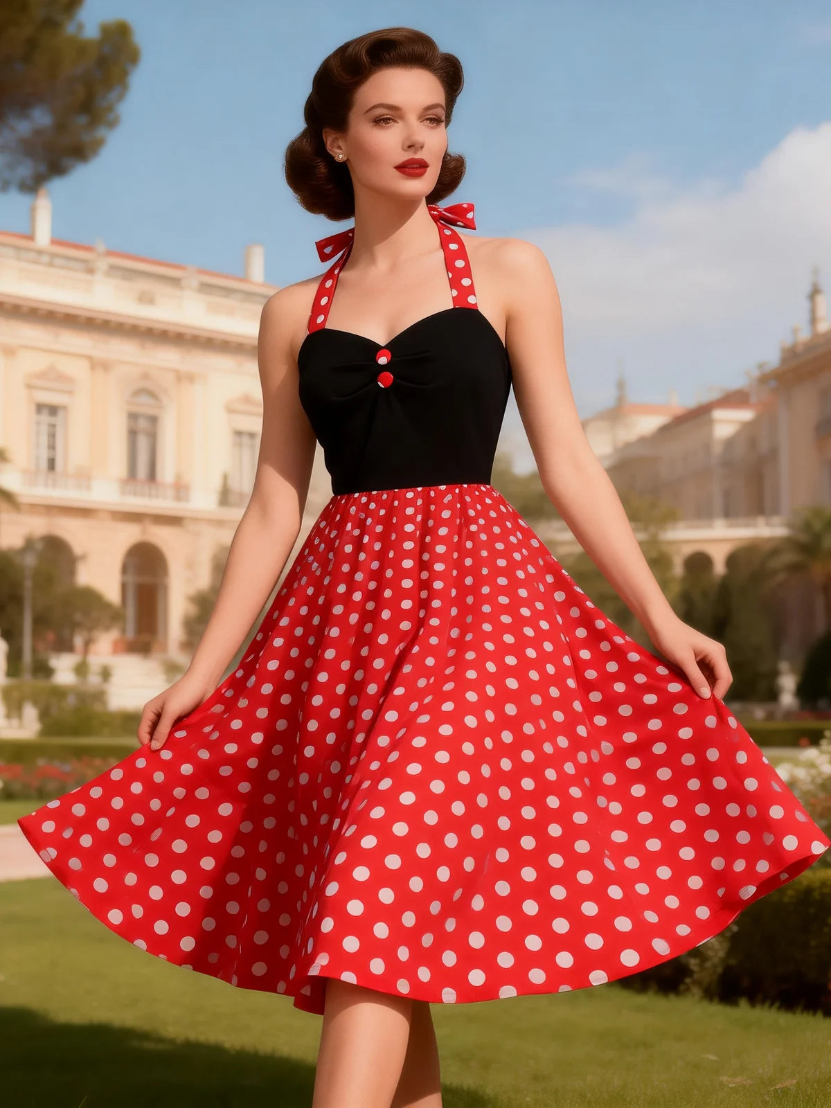 Contrast Bodice Polka Dot Halter Dress