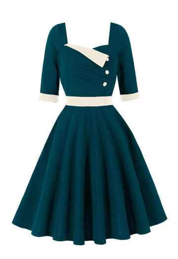 Contrast Lapel Button Detail Fit & Flare Dress