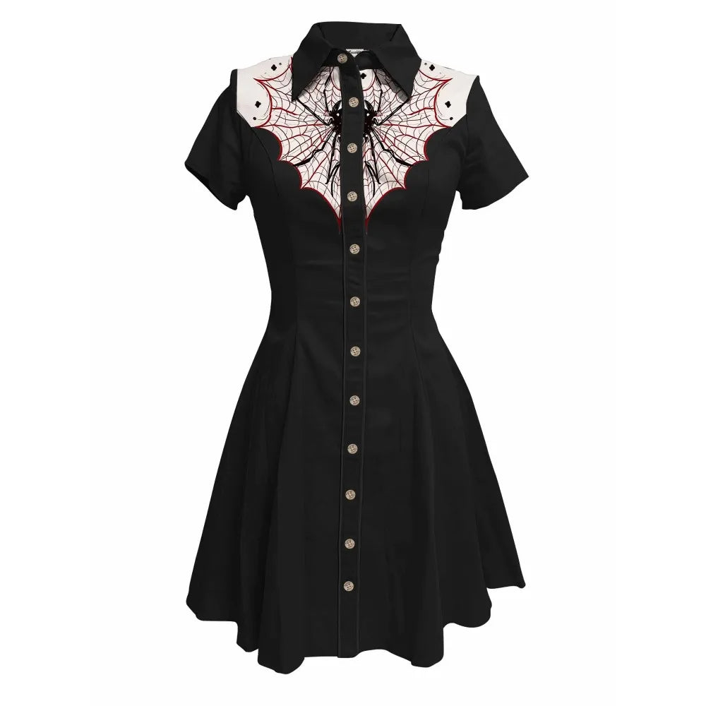 Short Sleeve Button-Front Shirt Dress with Spiderweb Yoke Graphic