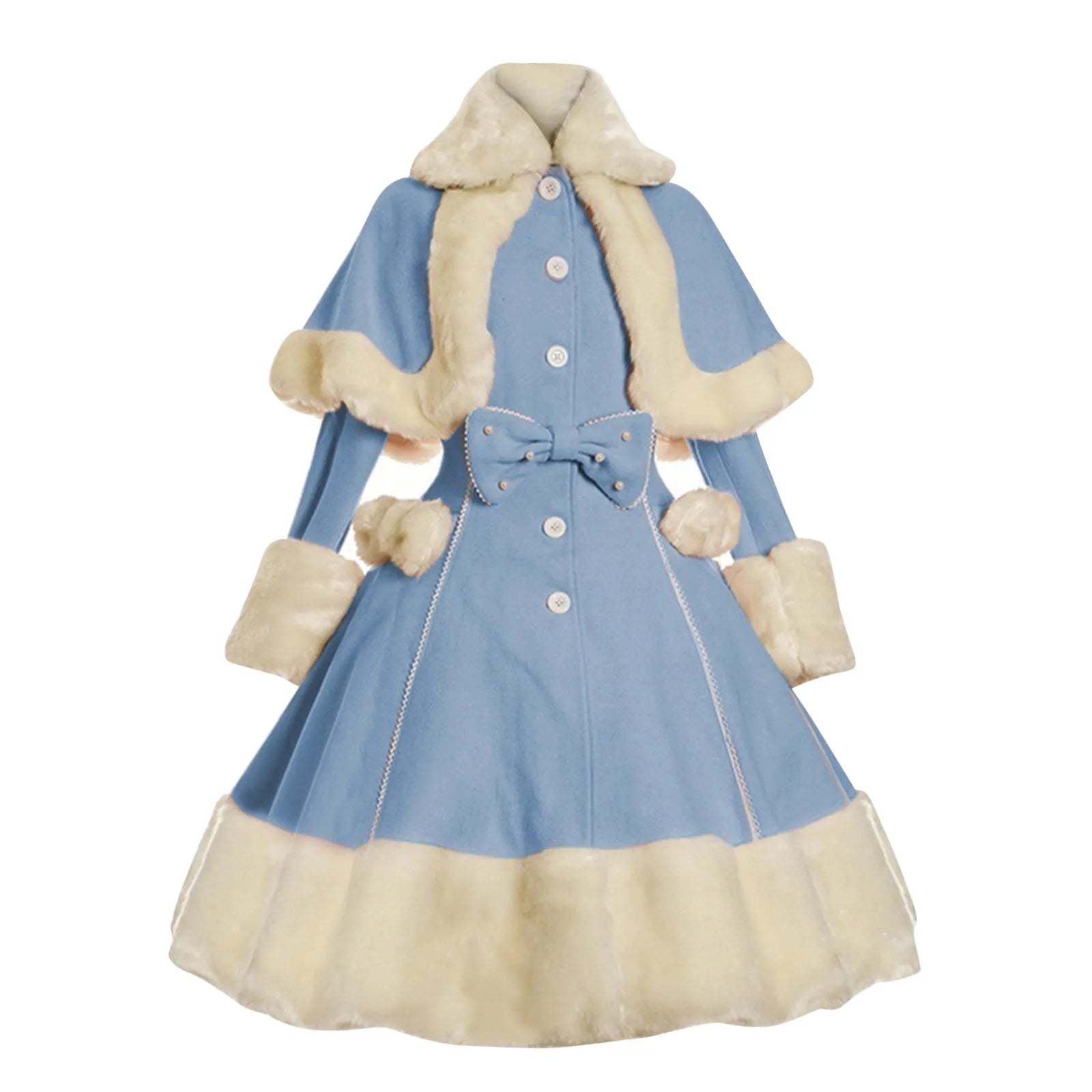 Faux Fur Trim Button Front Coat Dress with Bow Detail
