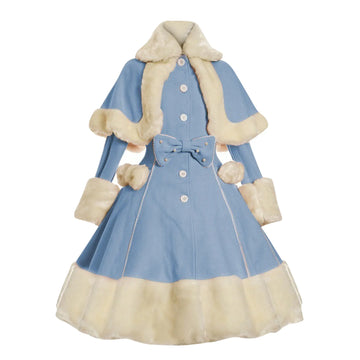 Faux Fur Trim Button Front Coat Dress with Bow Detail