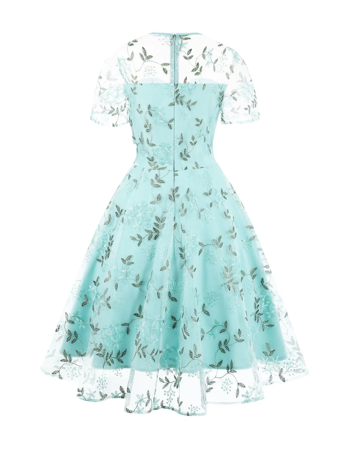 Embroidered Sheer Overlay Midi Dress with Tie Neck
