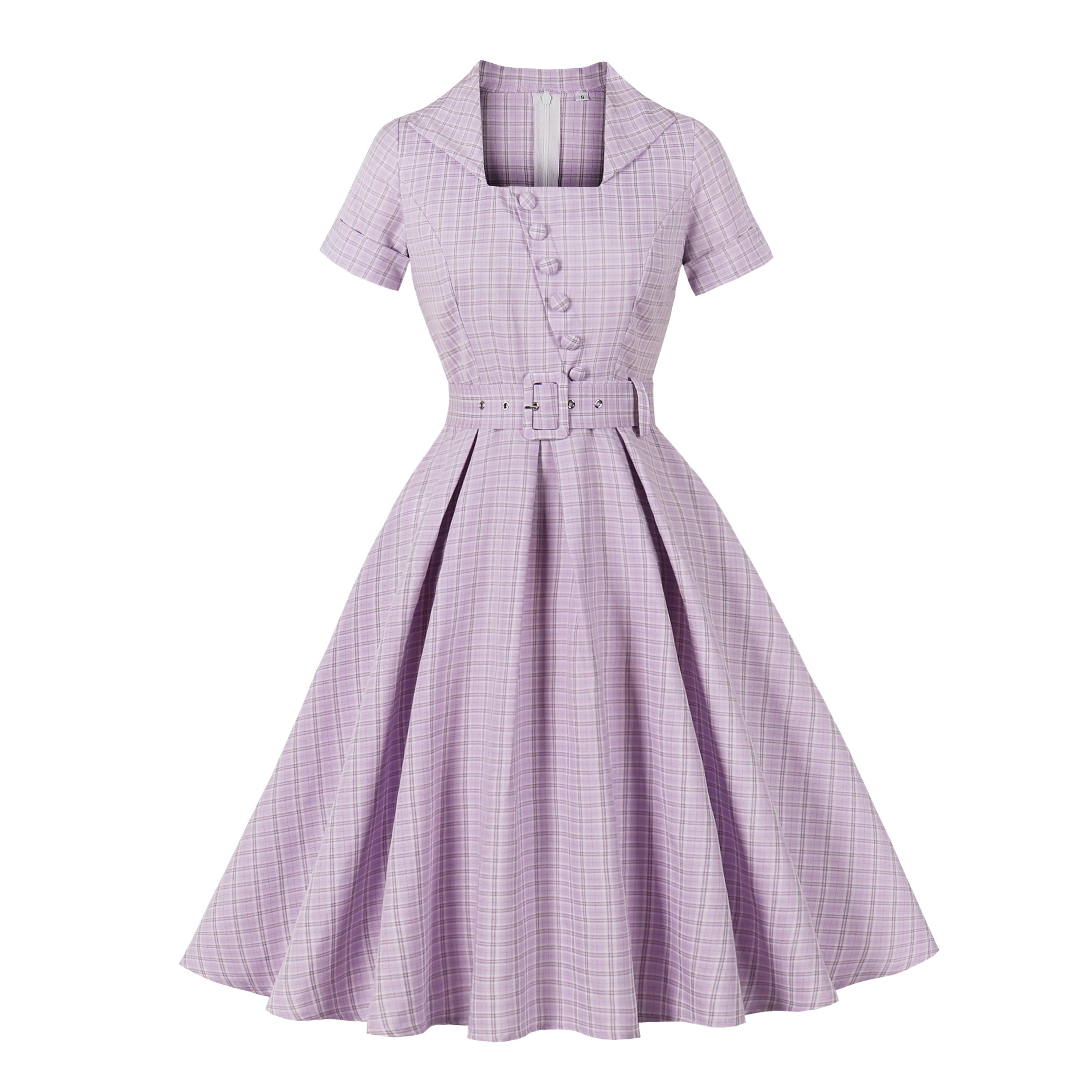 Plaid Square Neck Belted Midi Dress