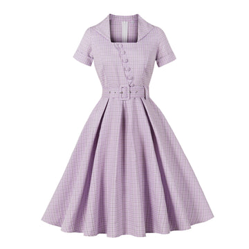 Plaid Square Neck Belted Midi Dress