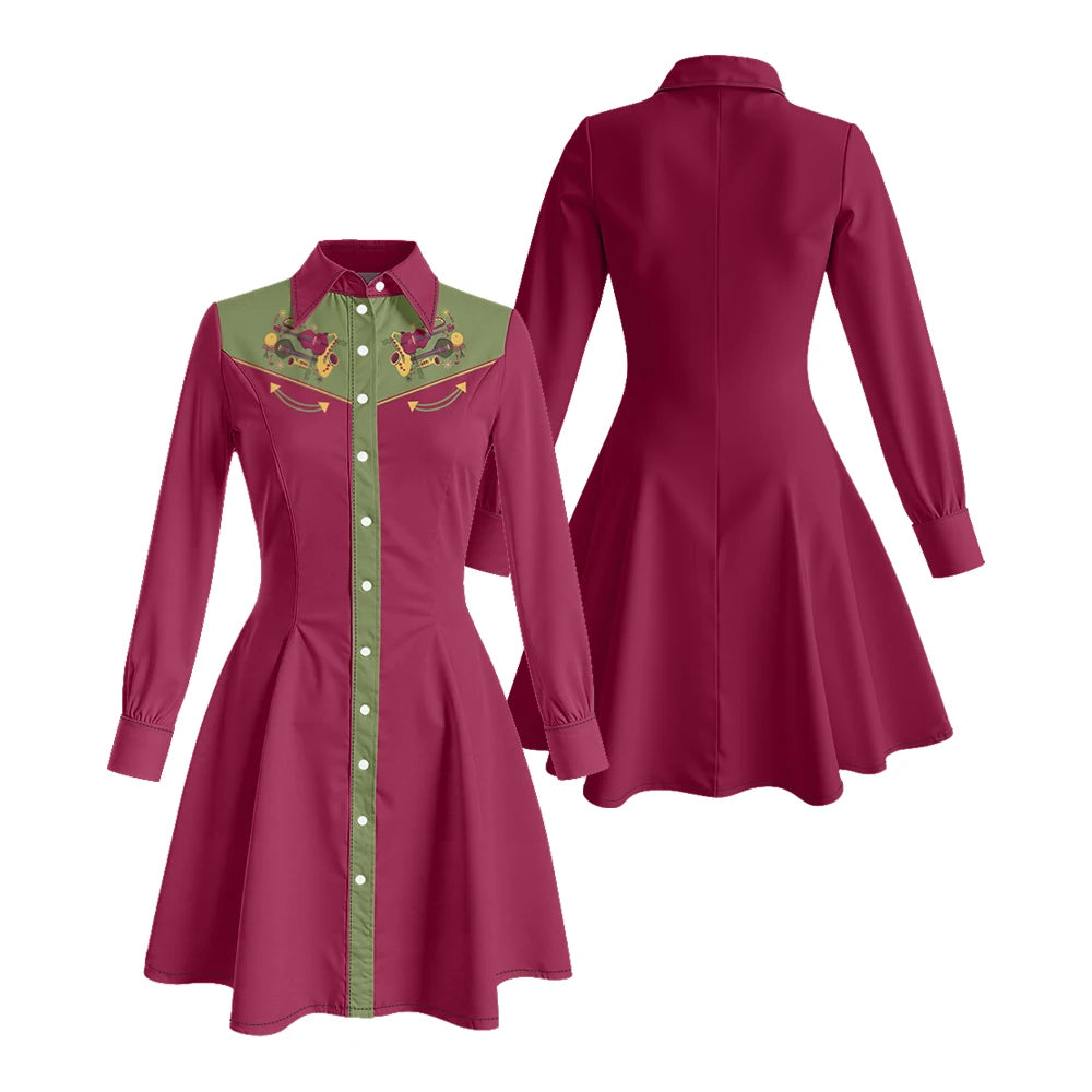 Long Sleeve Western-Style Button-Front Shirt Dress with Graphic Yoke