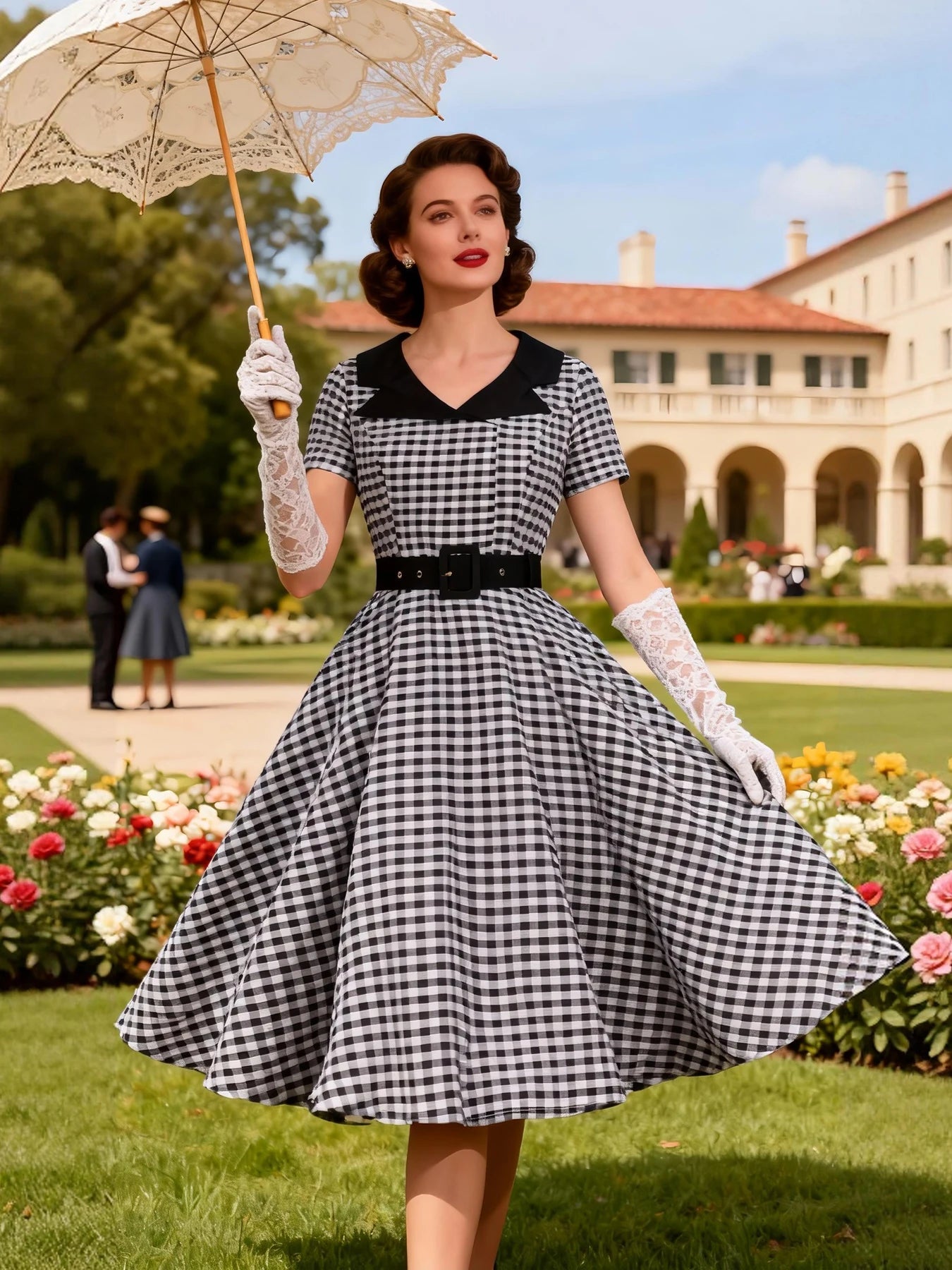 Gingham Collared Belted Midi Dress