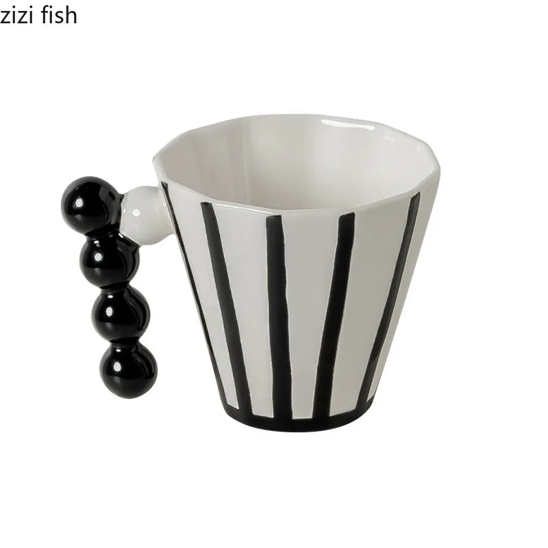 Mid-Century Mod Striped Latte Mug with Sculpted Handle