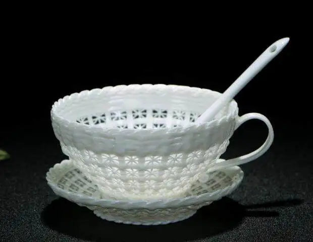 Antique Style Woven-Relief Ceramic Coffee Cup & Saucer Set