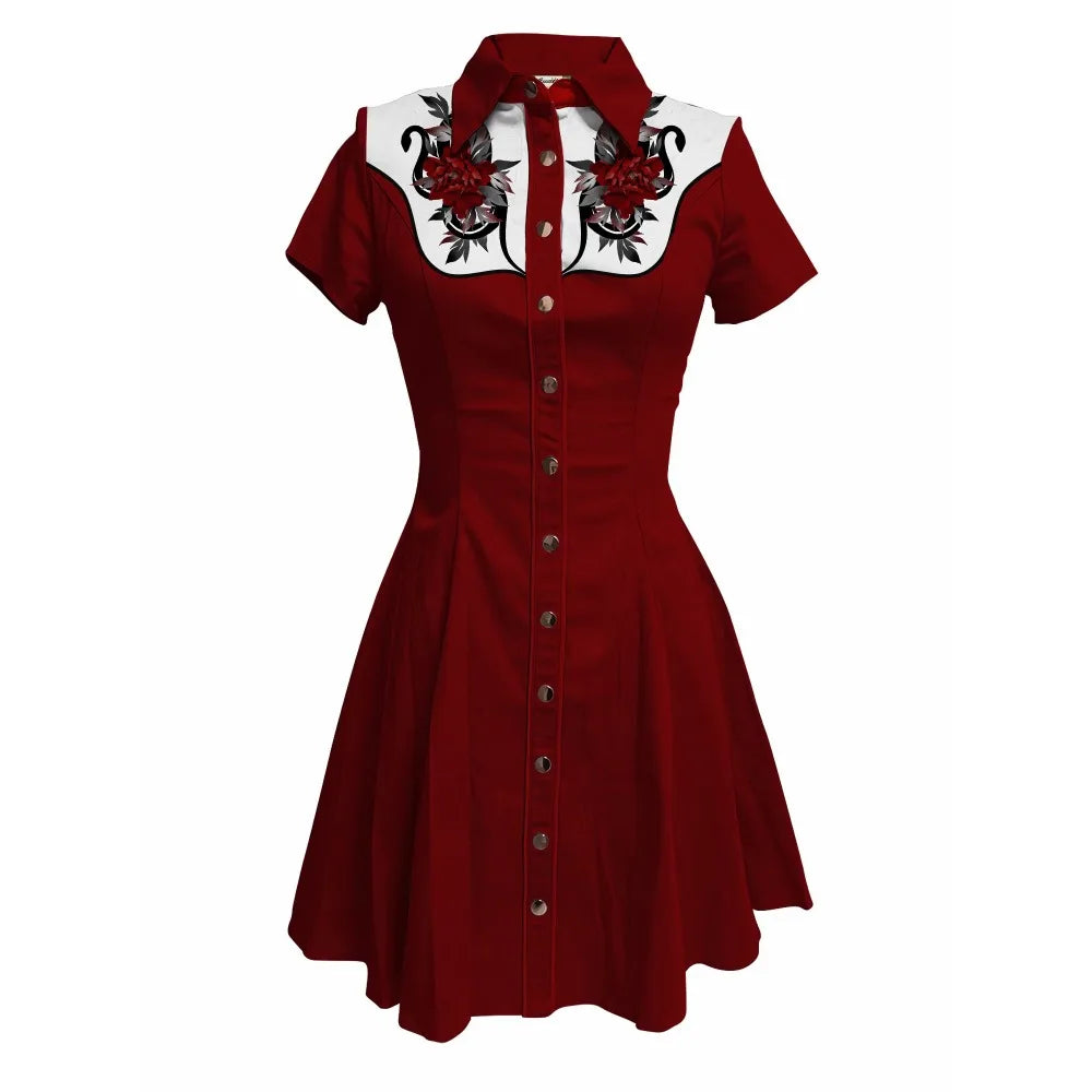 Short Sleeve Western-Inspired Button-Front Shirt Dress with Snake and Rose Yoke