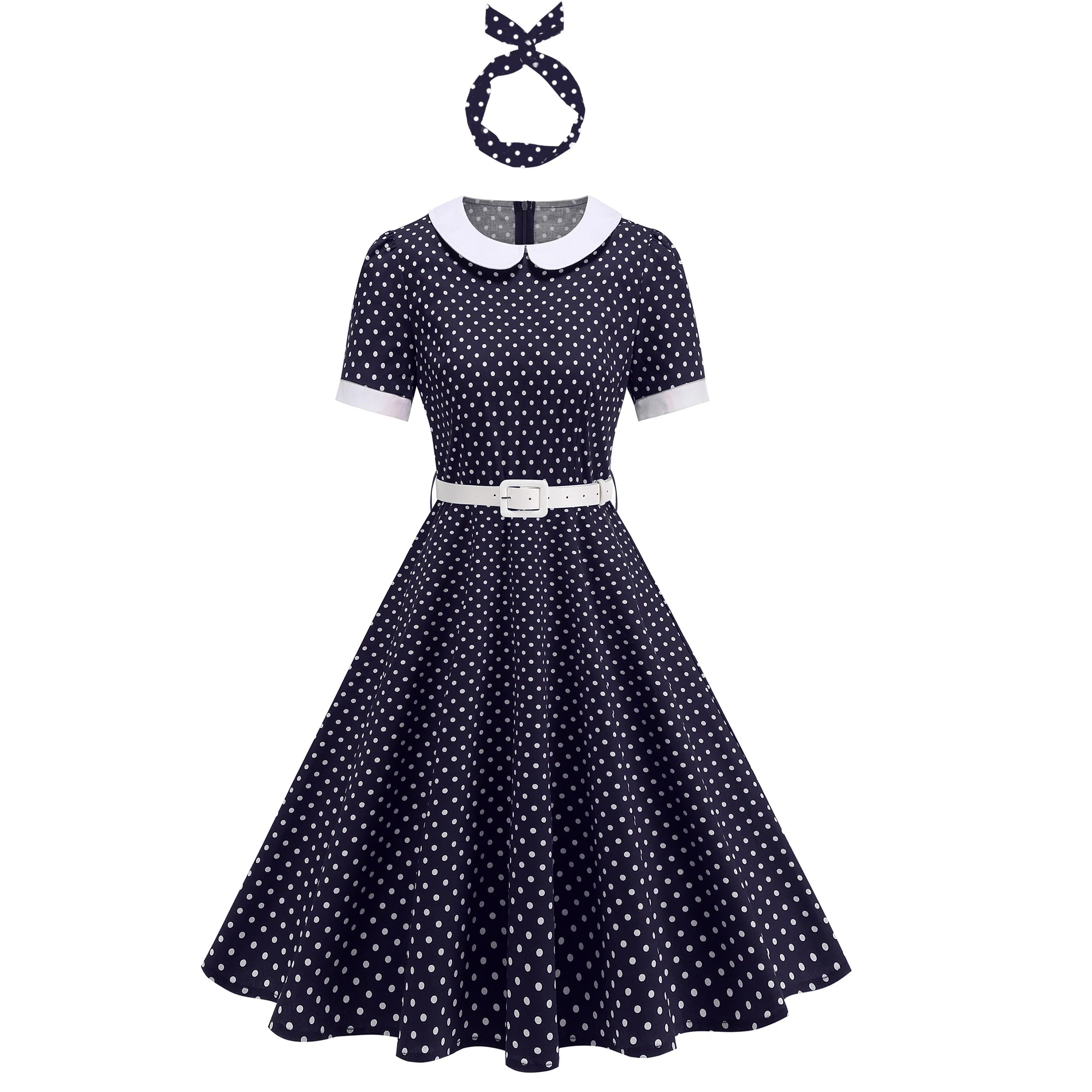 Polka Dot Collar Fit & Flare Dress with Headband
