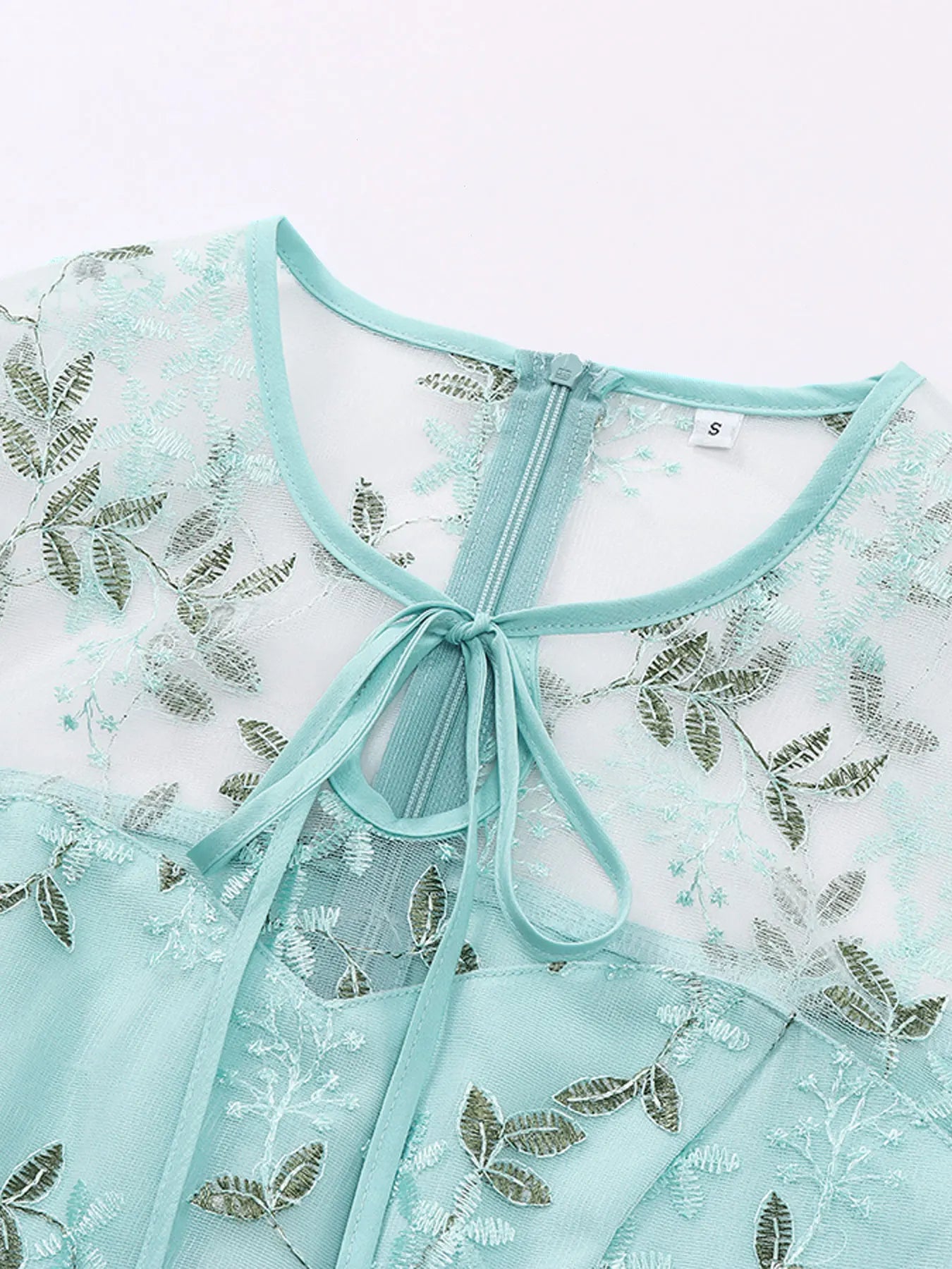 Embroidered Sheer Overlay Midi Dress with Tie Neck